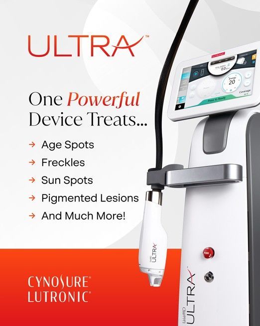 An advertisement for an ULTRA laser device, treating age spots, freckles, and more. The device is white with a digital screen.