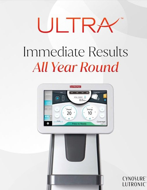 Promotional image of an ULTRA medical device with a screen, red text 
