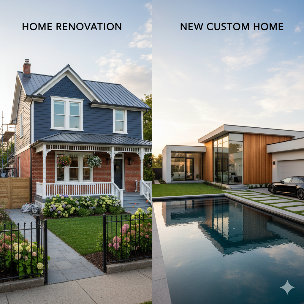 Home renovation vs. new custom home: A blue Victorian house on the left, modern house with a pool on the right.