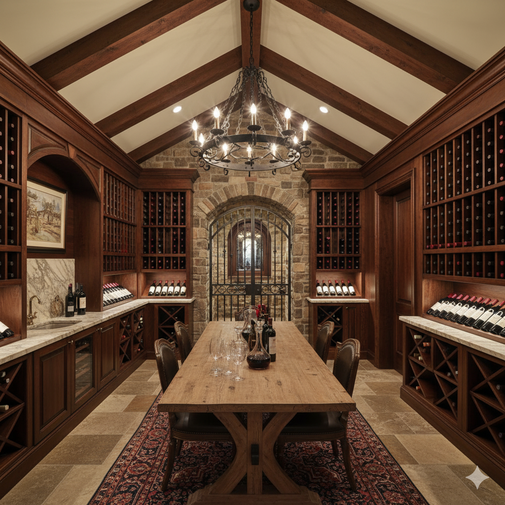 Wine cellar with wooden racks, stone walls, table, and chandelier.