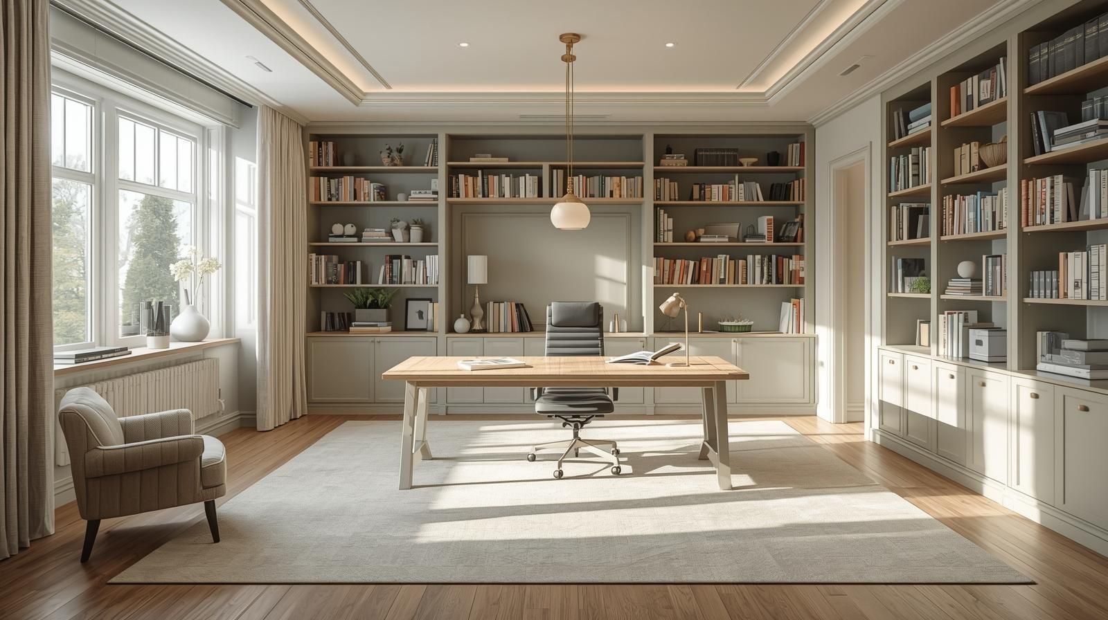 Elegant home office with built-in bookshelves, a large window, a wooden desk, and a comfortable chair.