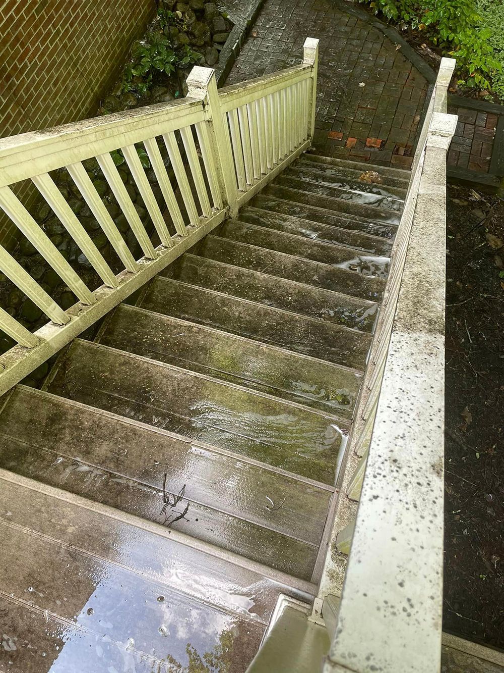 A set of stairs with a white railing and a puddle of water on the steps