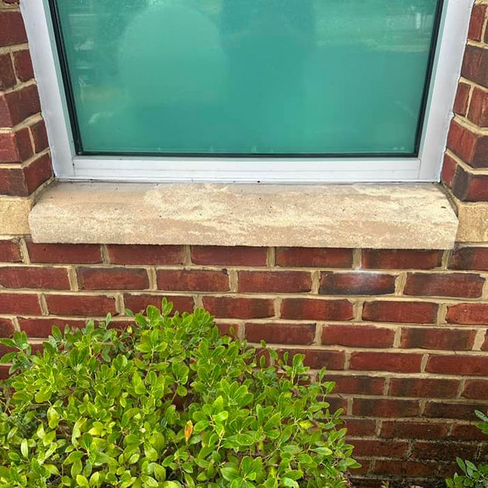 A brick building with a window and a bush in front of it