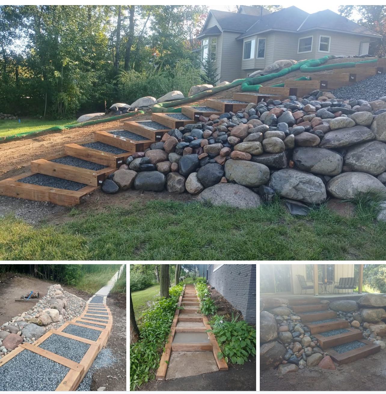 Stairway built from wooden treads and stone steps on a sloped rock retaining wall by a house