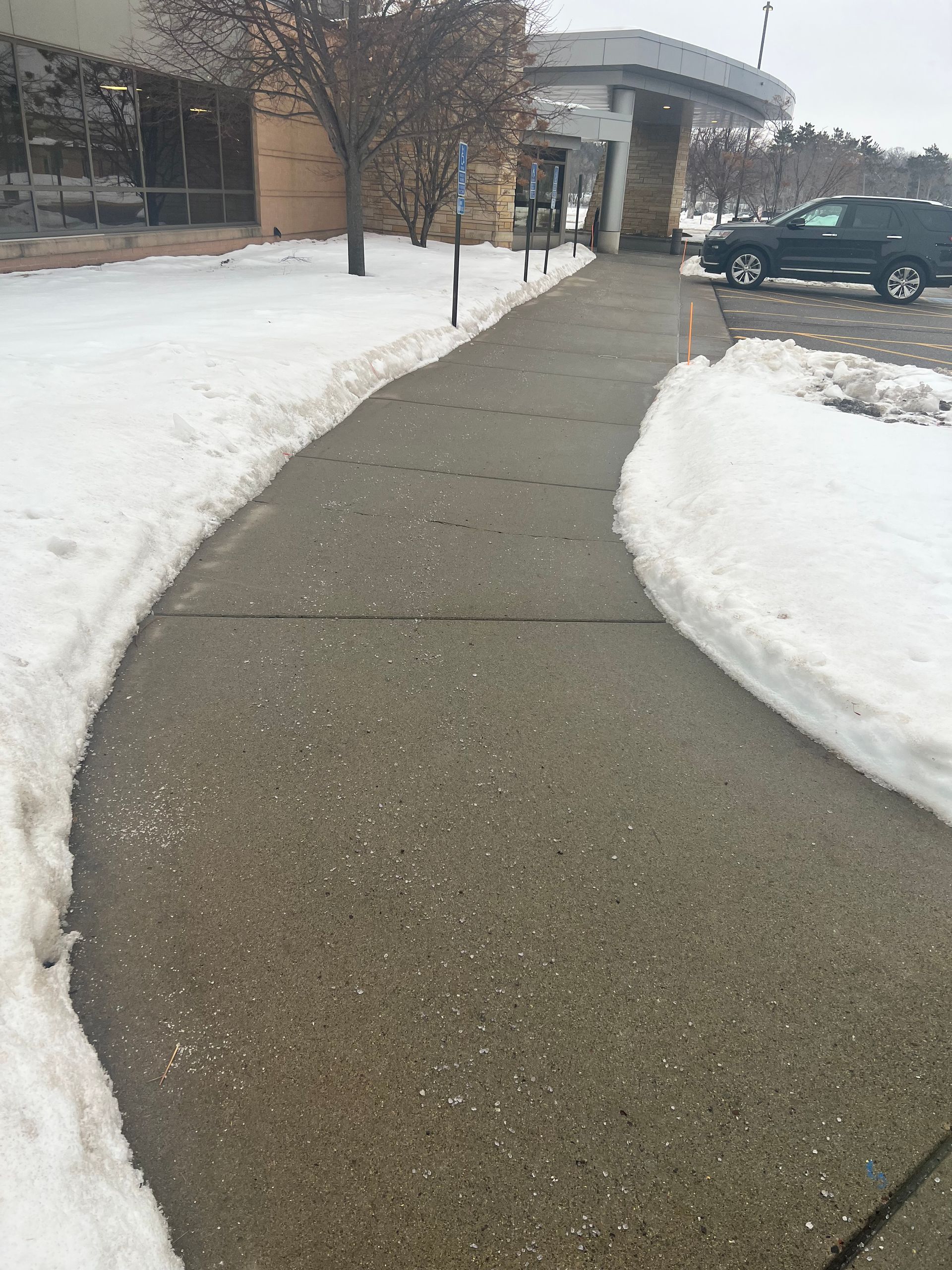 Snow-lined sidewalk leading to a building entrance on an overcast day