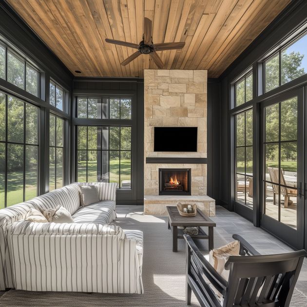 Sunroom with stone fireplace, TV, and large windows with dark frames, wood ceiling, and neutral furniture.
