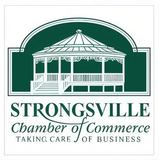 Strongsville Chamber of Commerce logo with green gazebo and Taking Care of Business text