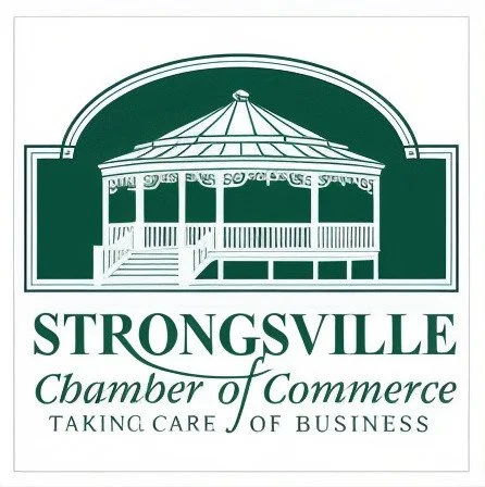 Strongsville Chamber of Commerce logo with green gazebo and Taking Care of Business text