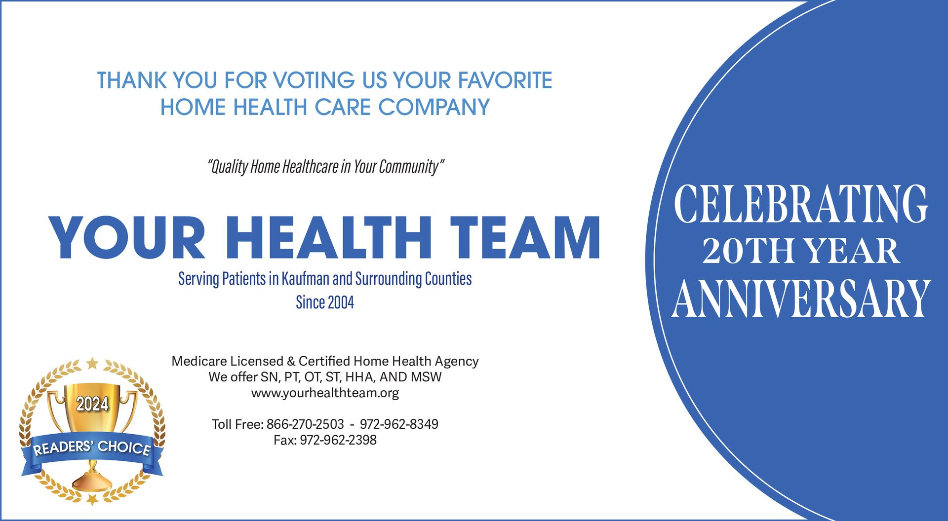 A certificate that says your health team celebrating 20th year anniversary