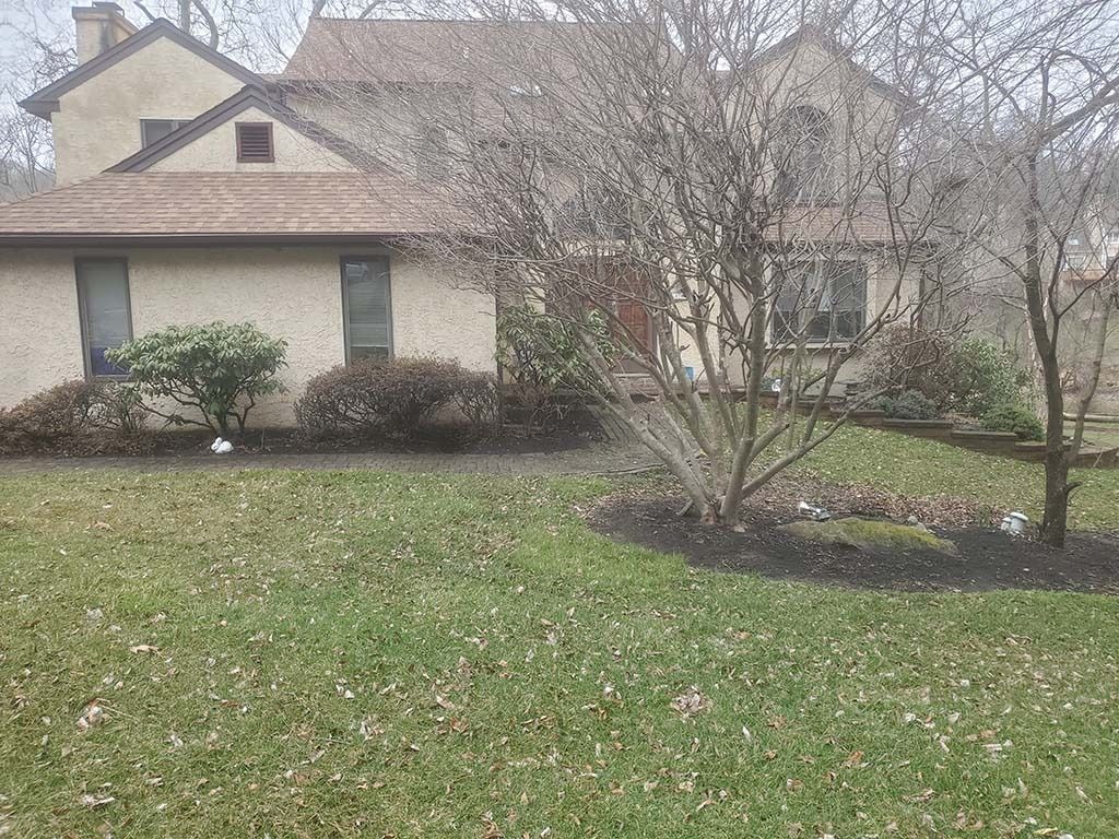 Suburban house with brick and stone exterior, bare tree, and green front lawn in early spring