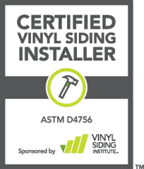 A certified vinyl siding installer logo with a hammer in a circle.