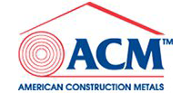 The logo for american construction metals is blue and red.