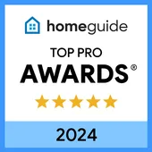 Homeguide Top Pro Awards badge, 2024. Blue and white, with stars and logo.