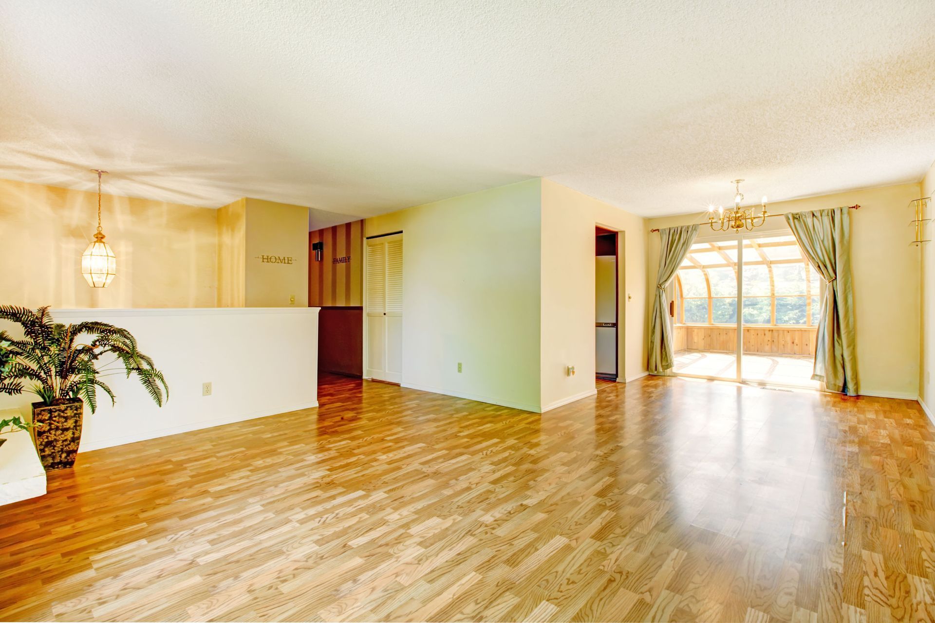 An empty living room with hardwood floors and a potted plant.
