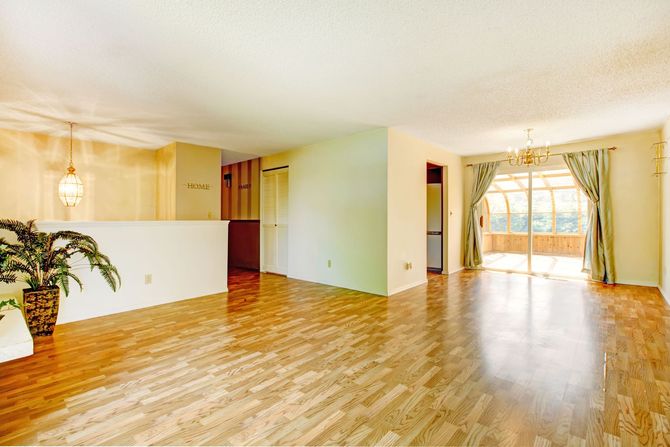 An empty living room with hardwood floors and a potted plant.