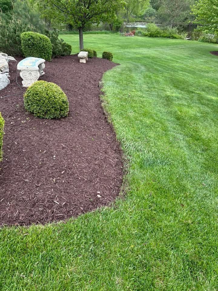 A lush green lawn with a border of mulch and rocks.