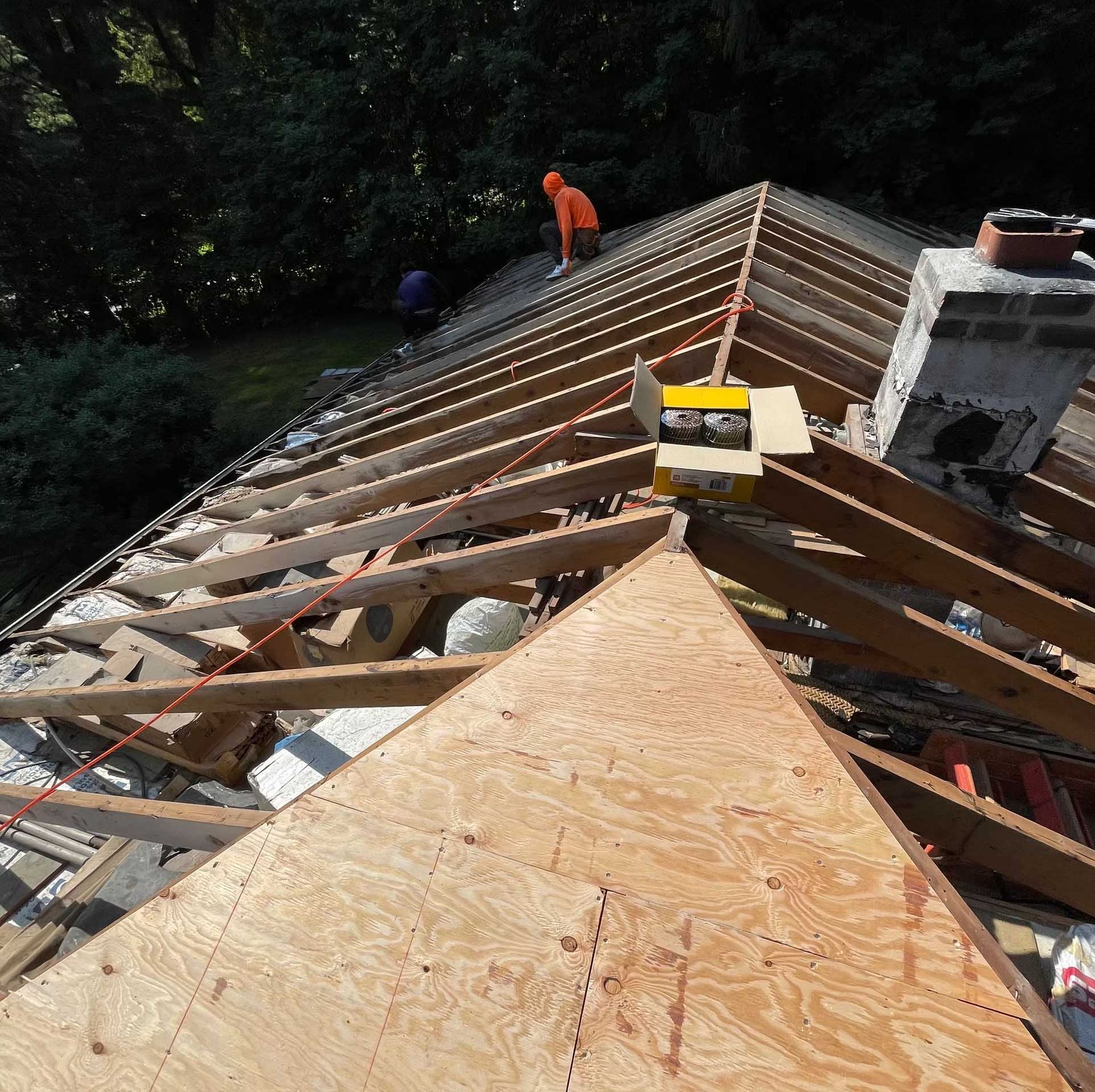 Roof of a house under construction; workers removing old shingles.