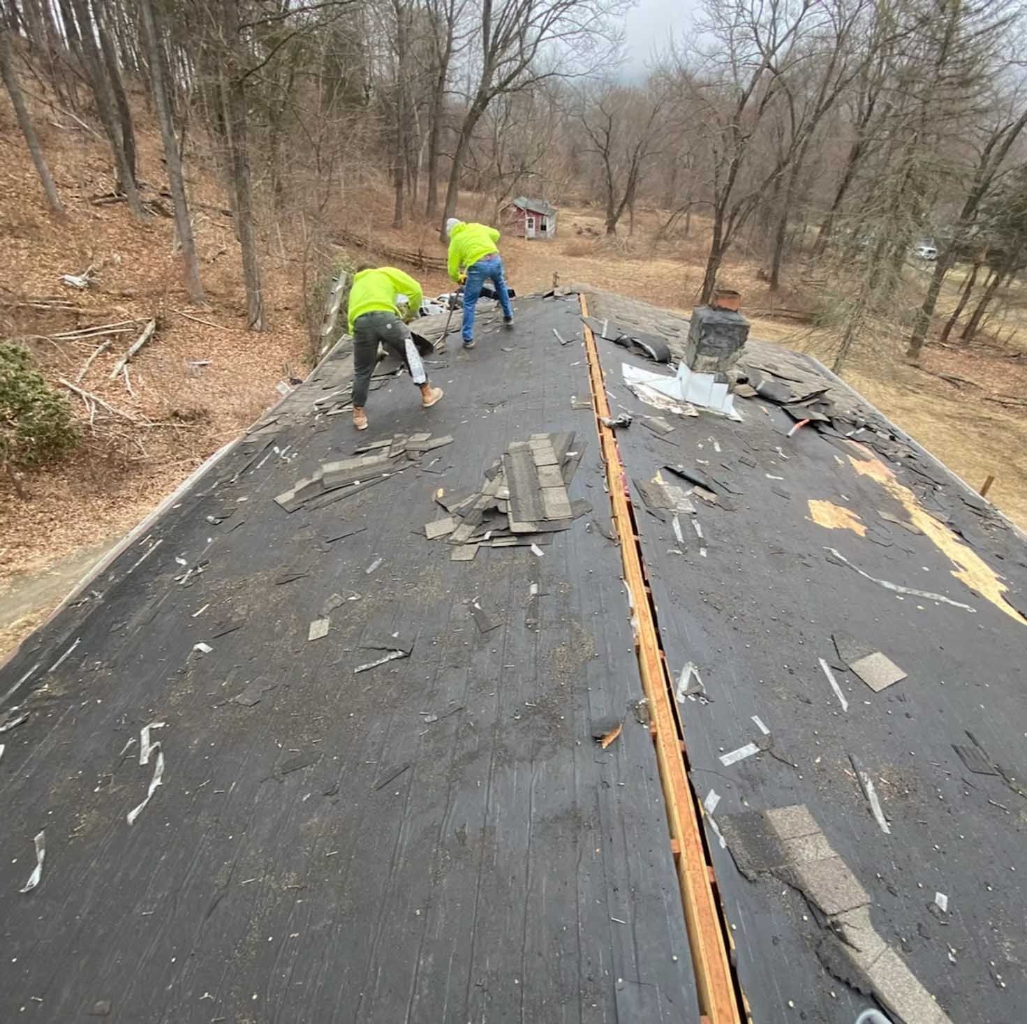 Two roofers in safety vests remove old shingles from a roof with a wooded backdrop.