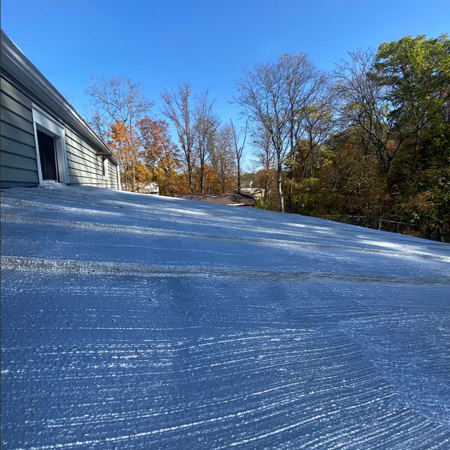 Flat roof with a textured, light-colored coating. Trees and blue sky in the background.