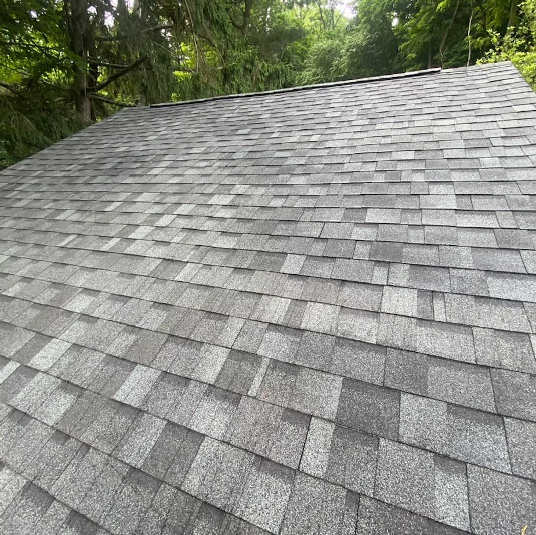 Gray asphalt shingle roof with uneven texture, set outdoors under a green canopy of trees.