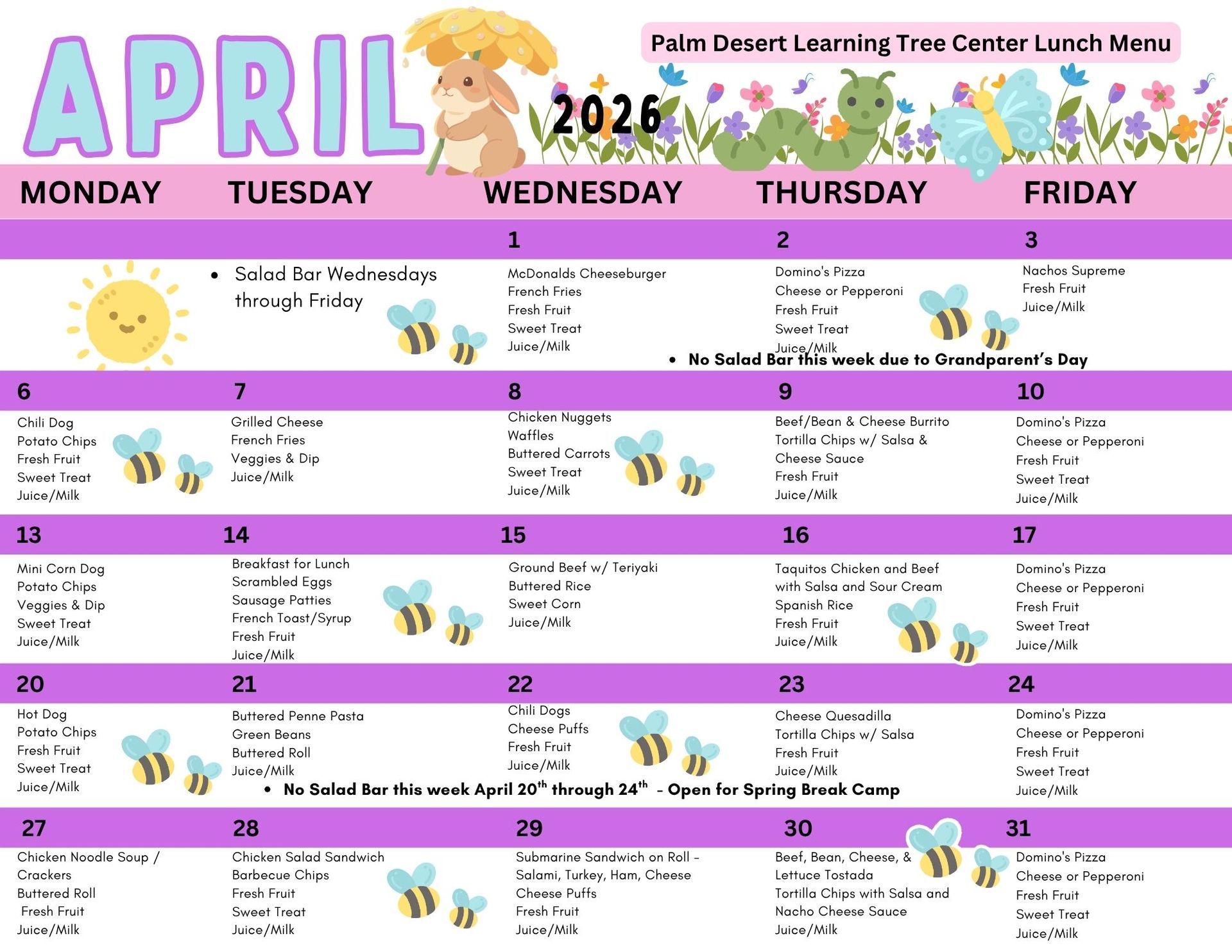 The Palm Desert Learning Tree Center May 2024 Lunch Menu