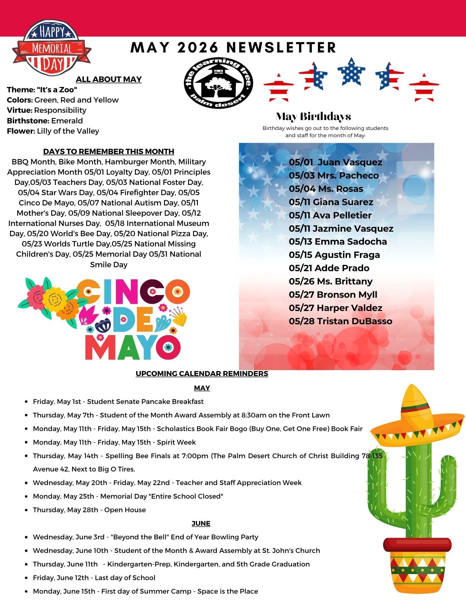 The Palm Desert Learning Tree Center May 2024 Lunch Menu