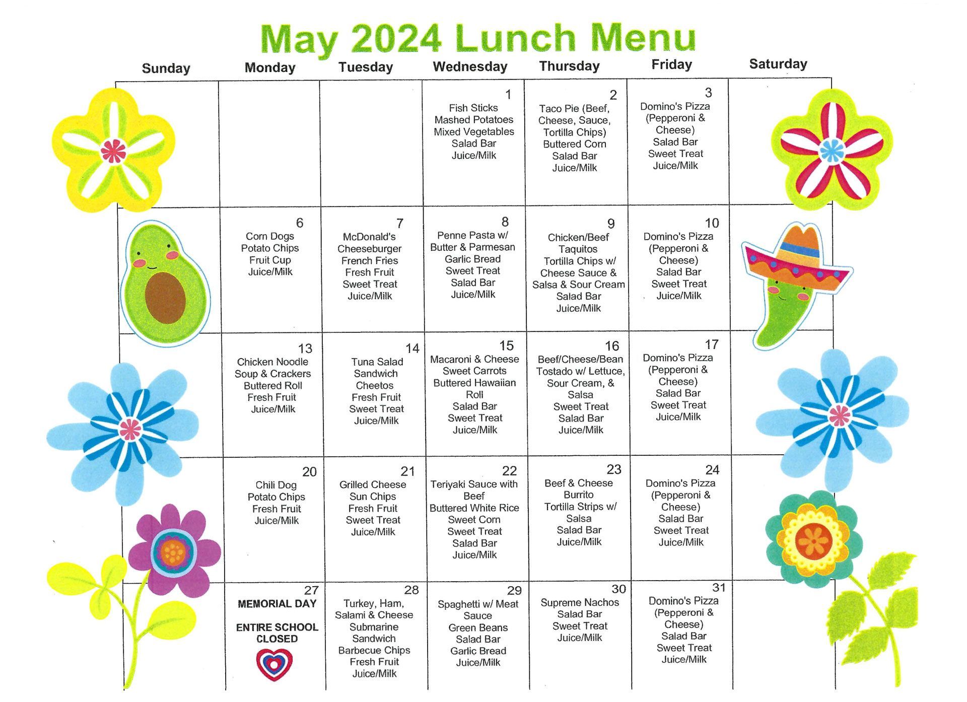 The Palm Desert Learning Tree Center May 2024 Lunch Menu