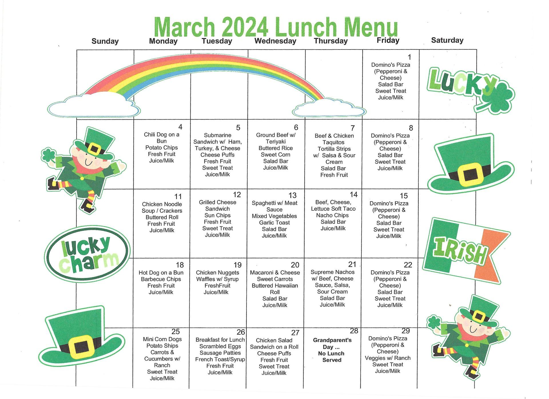 The Palm Desert Learning Tree Center March 2024 Lunch Menu