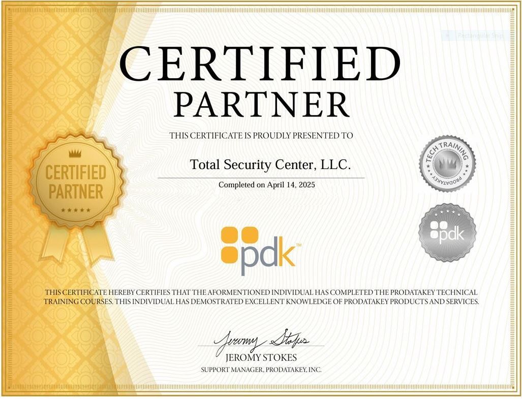 Certificate for Total Security Center, LLC, as a Certified Partner. Features a gold seal and the PDK logo.
