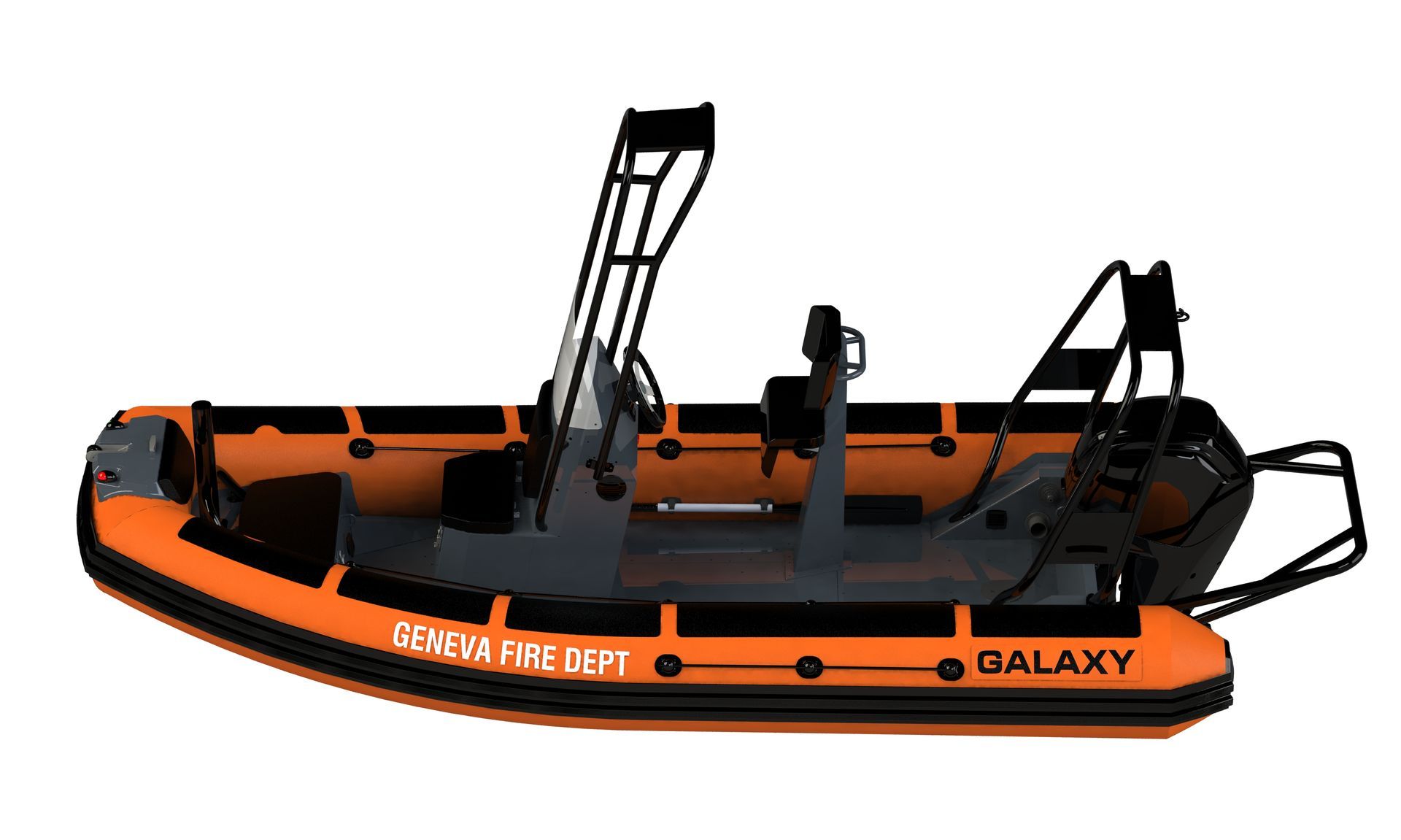 Orange and black rescue boat with the text 