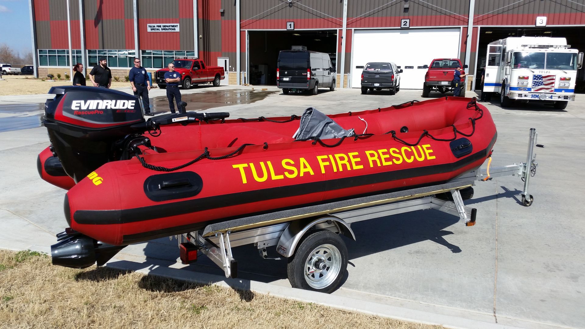 Red inflatable boat with 