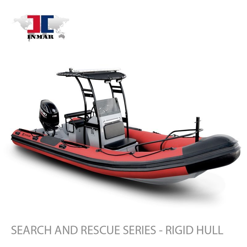 Red and black rigid hull inflatable boat with a black outboard motor, labeled 