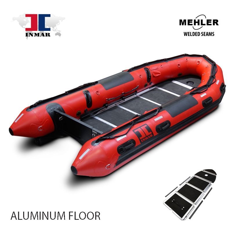 Red inflatable boat with an aluminum floor, by Inmar. Features black accents and welded seams by Mehler.