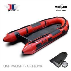 Red inflatable boat with black floor, labeled 