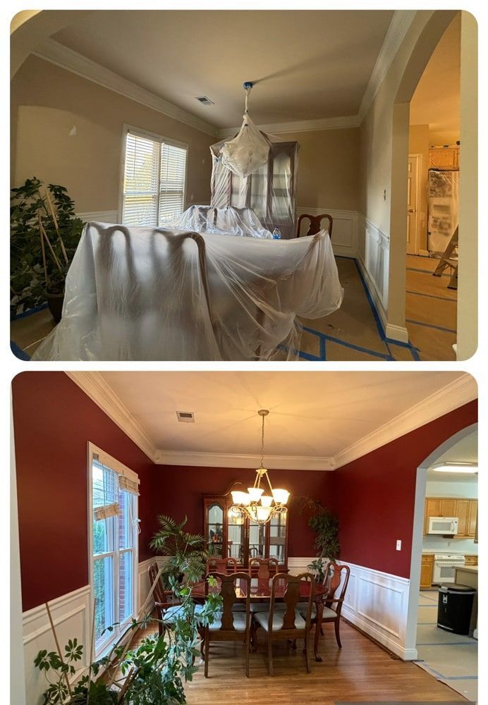Dining room before and after painting; walls change from beige to red, furniture protected, white trim.