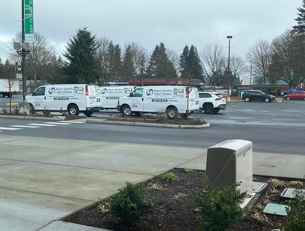 Three white service vans parked in a lot, cloudy day.