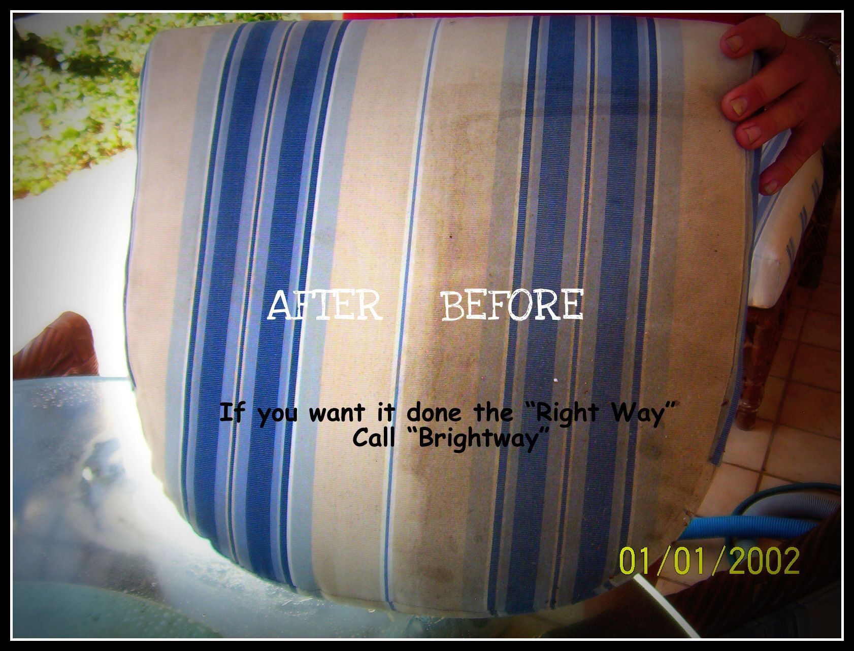 Before-and-after upholstery cleaning. Striped cushion, text says 