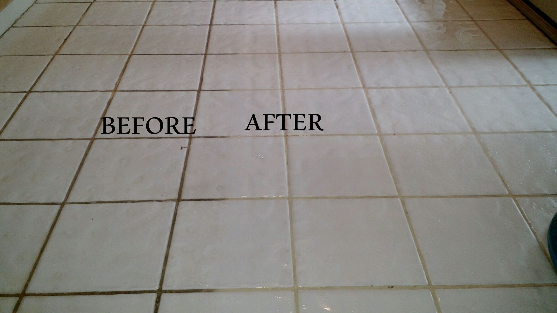 Tile floor before and after cleaning. Grout lines visibly cleaner on the right side, labeled 
