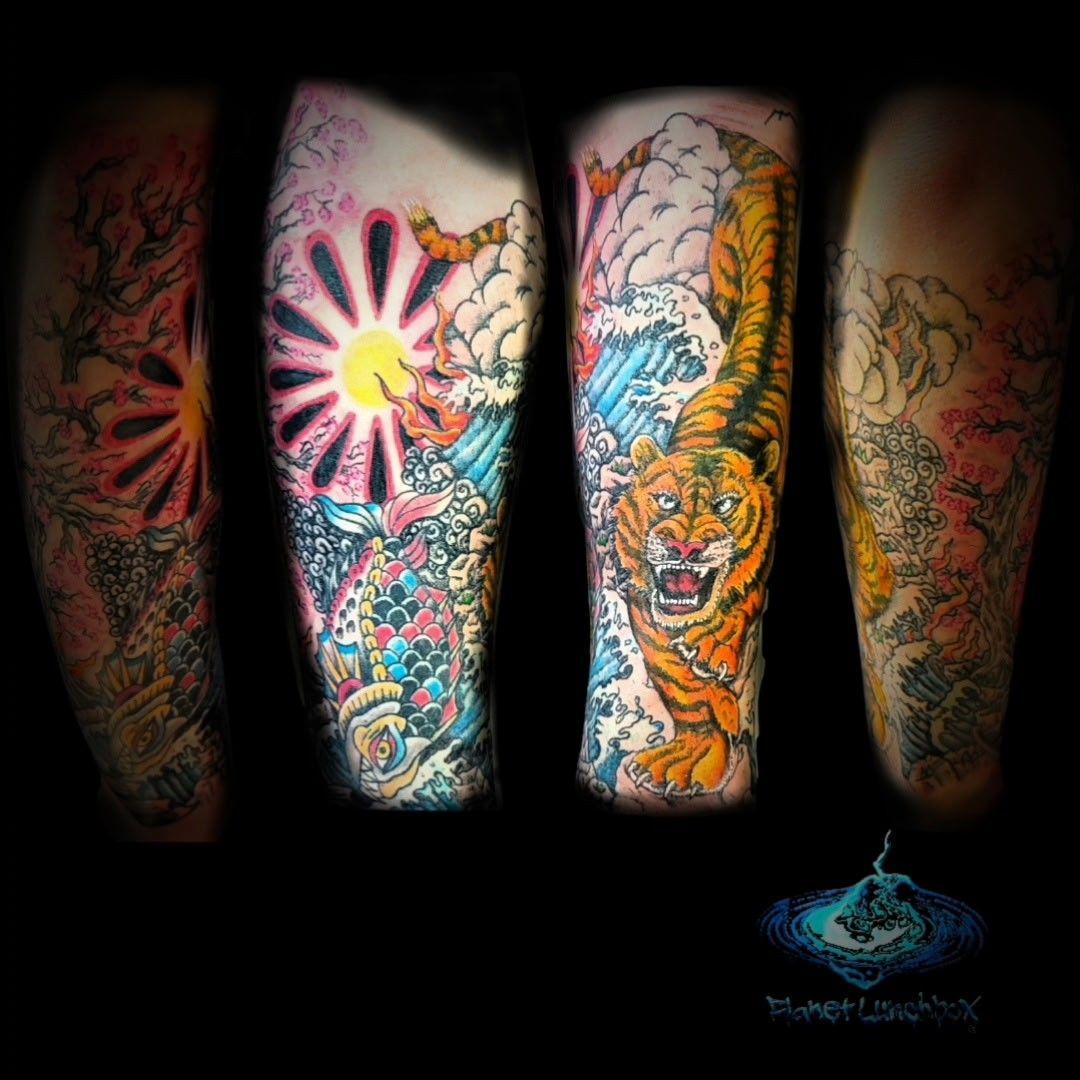 Four colorful tattooed calves with vibrant floral and tiger designs on a black background