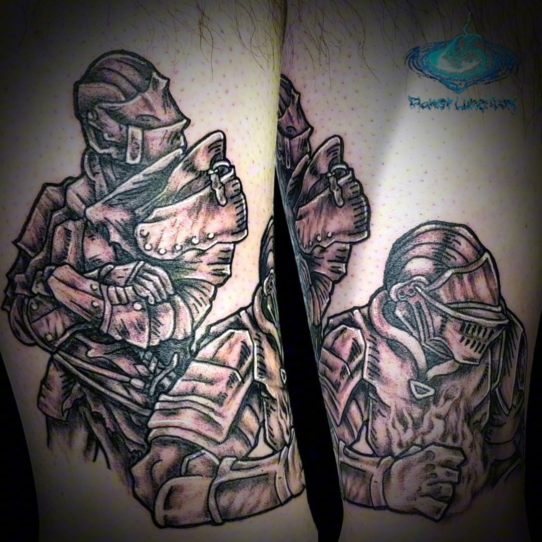 Black-and-gray tattoo design of two masked, robed figures facing each other on a split background.