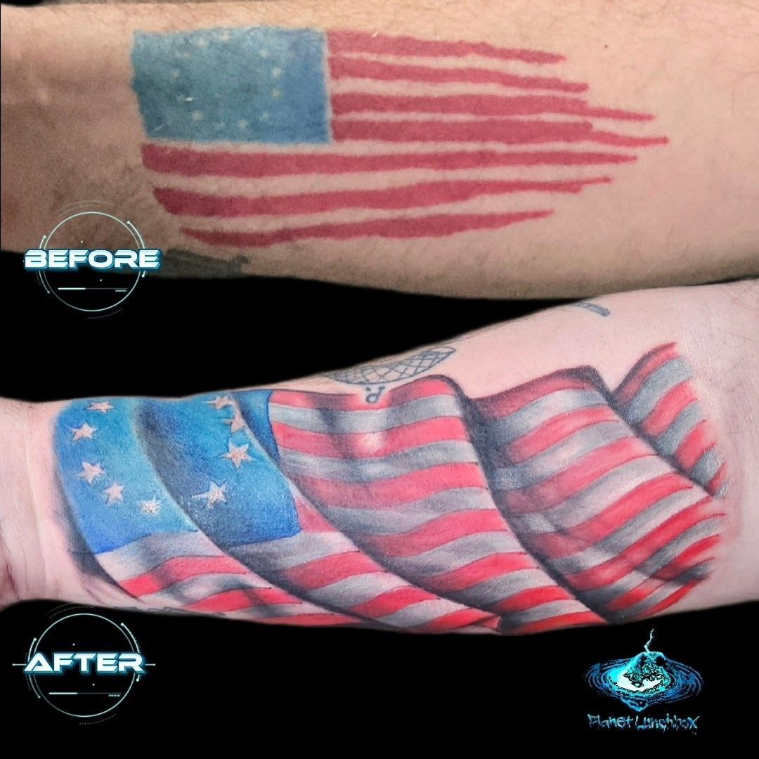 Before-and-after tattoo of an American flag on a forearm, with the flag more detailed in the after image