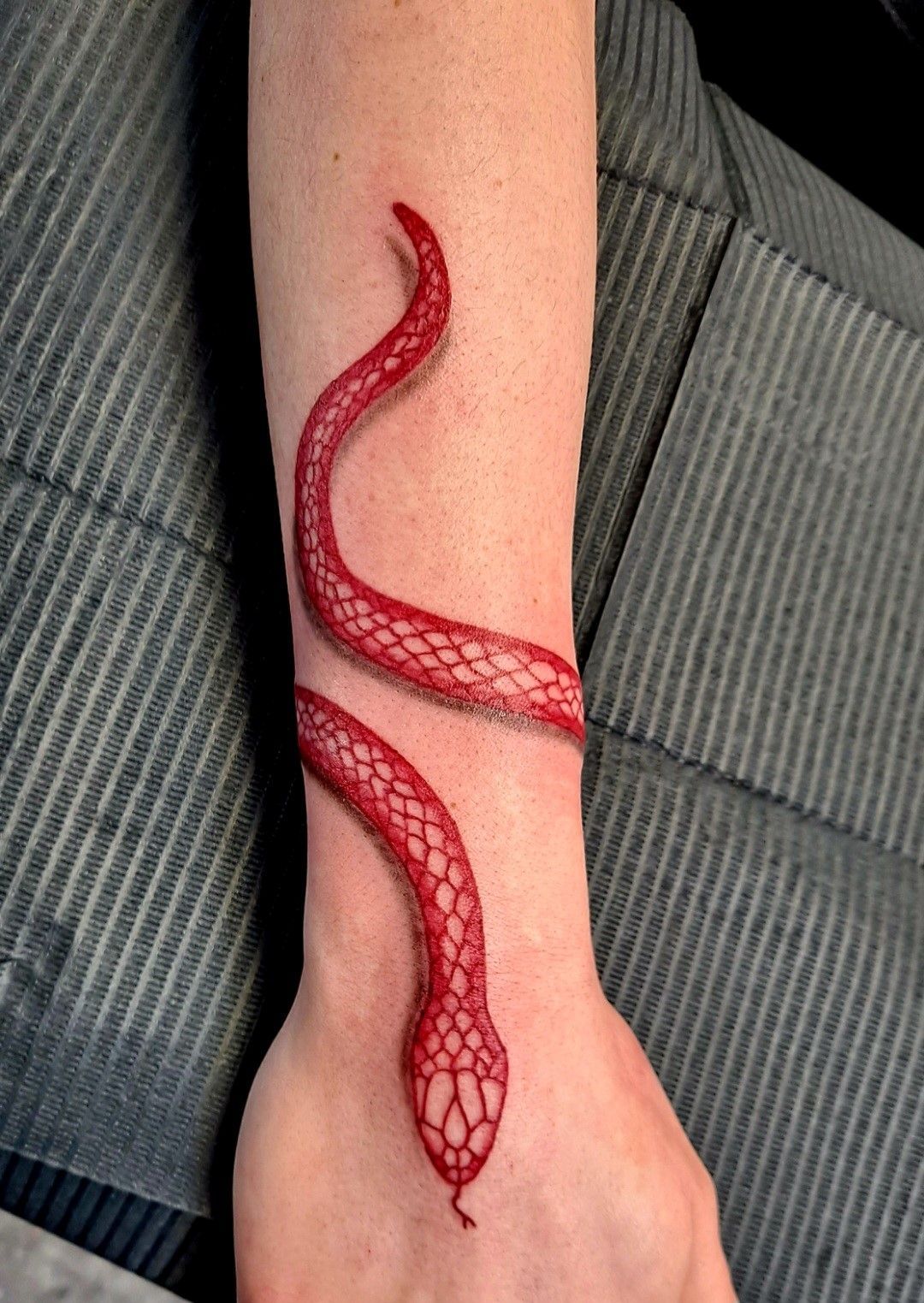 A person has a red snake tattoo on their wrist.