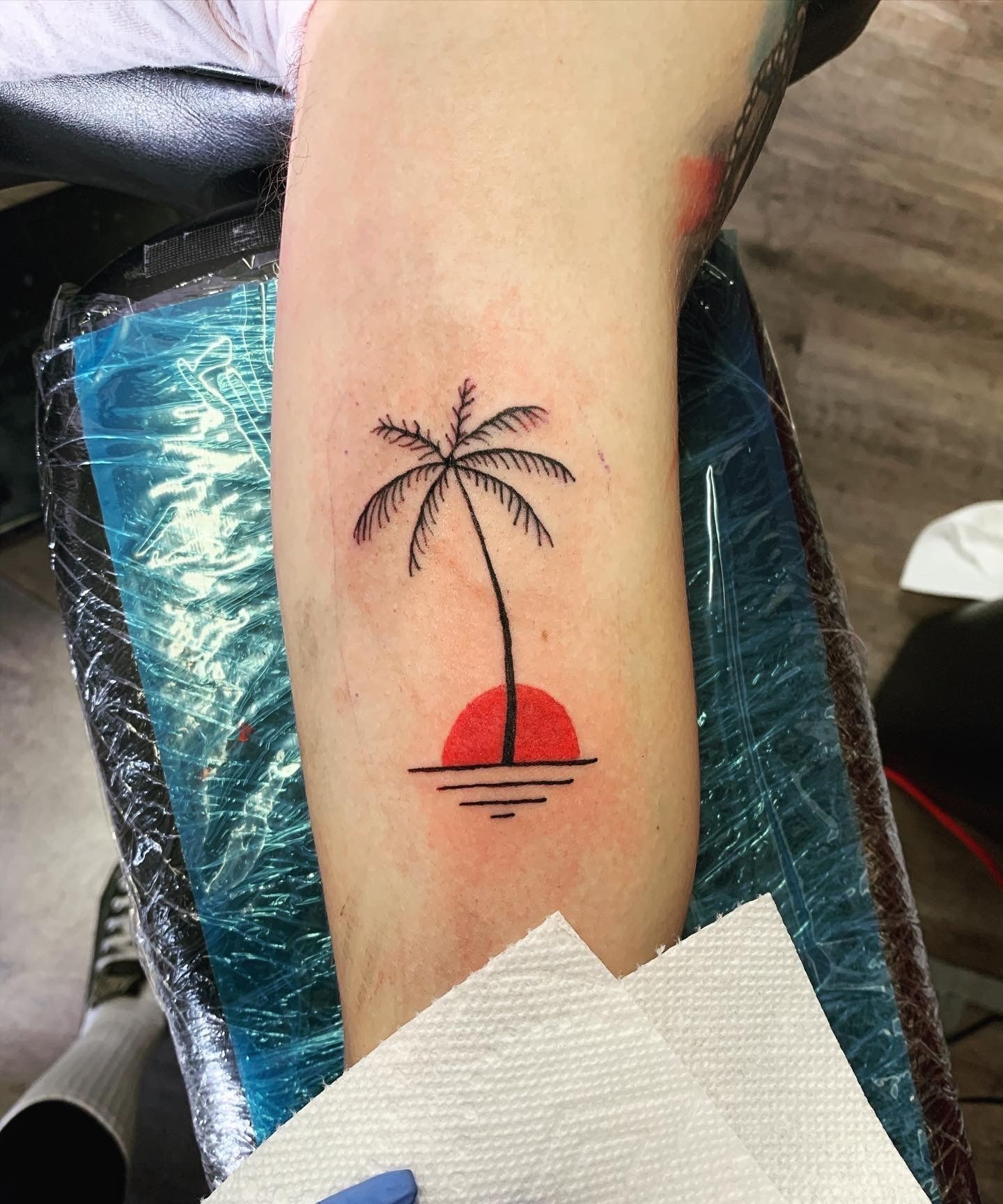 A person has a tattoo of a palm tree and a sunset on their arm.