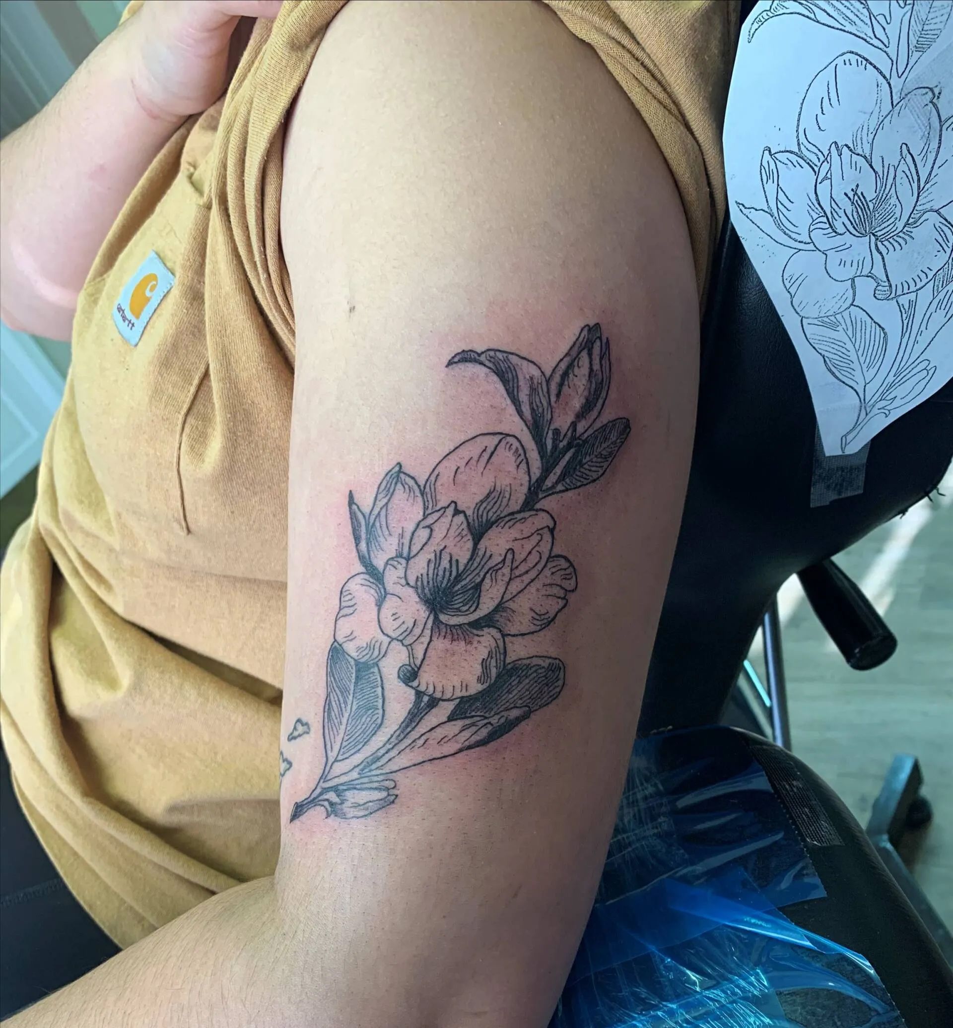 A person has a tattoo of a flower on their arm