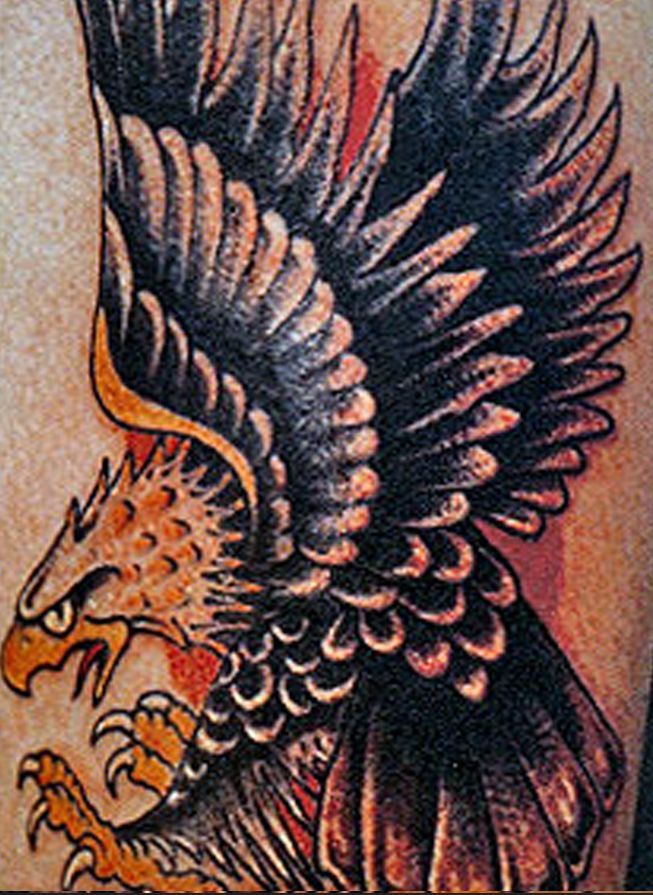 A tattoo of an eagle with its wings spread on a person 's arm.