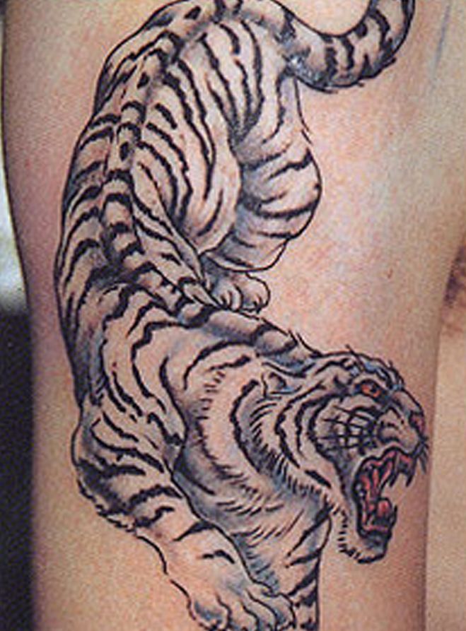 A person has a tattoo of a white tiger on their leg.