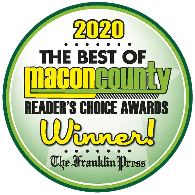 2020 Best of Macon County Reader's Choice Awards Winner badge. Green, white, and yellow colors with 