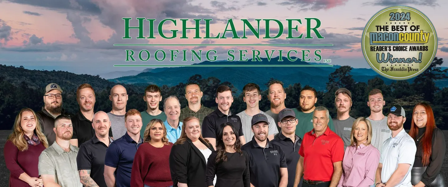 Group of Highlander Roofing Services employees smiling, with a nature backdrop, and an award badge.