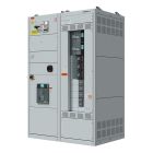 Gray electrical switchgear cabinet with various panels and vents.