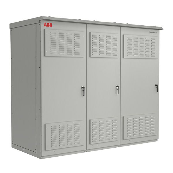 Gray ABB electrical enclosure cabinet with ventilation panels.